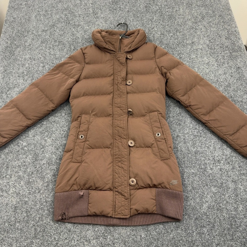 Nike Puffer Jacket Women XS Brown Down Filled Quilted Winter Coat Gorpcore Style